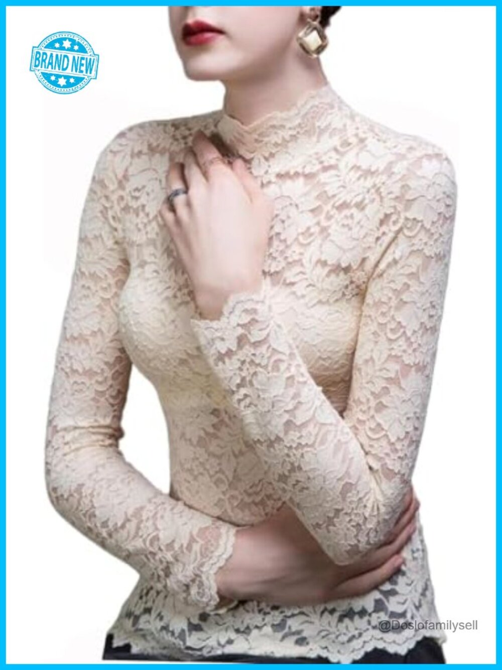 Lace Long Sleeve Turtleneck Top Sheer Floral Mesh Blouse